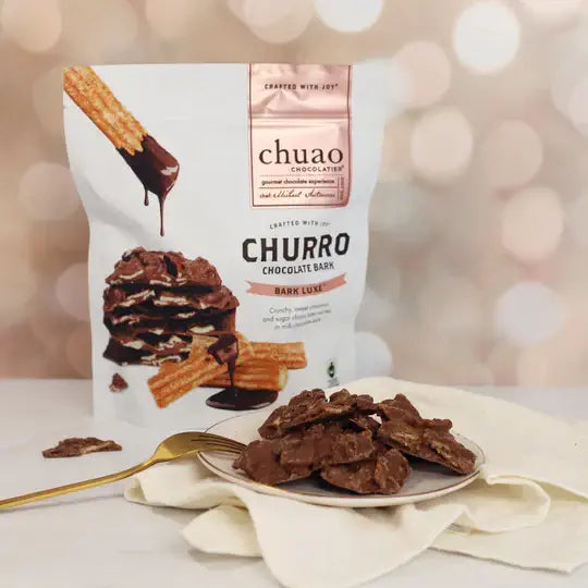 churro chocolate bark luxe package with churro chocolate bark on a plate