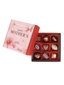 a red box with 9 chocolate bonbons inside with a mother's day theme
