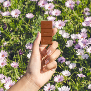 A hand holding a mini chocolate bar over a field of purple flowers that reads happy