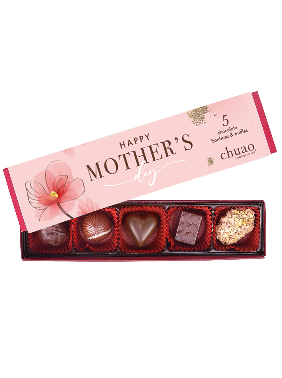 a red rectangle box with 5 chocolate bonbons inside with a mother's day theme