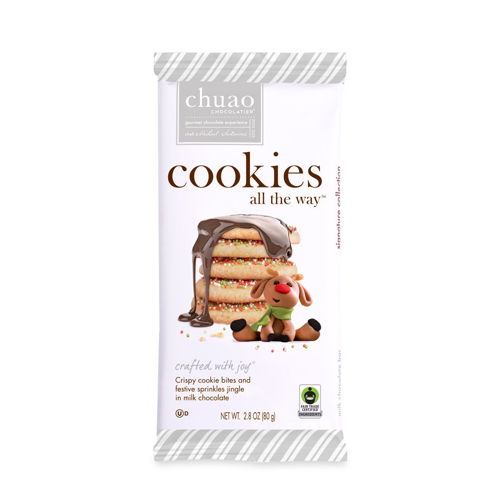 Packaging of chuao cookies with a reindeer figure on a white background