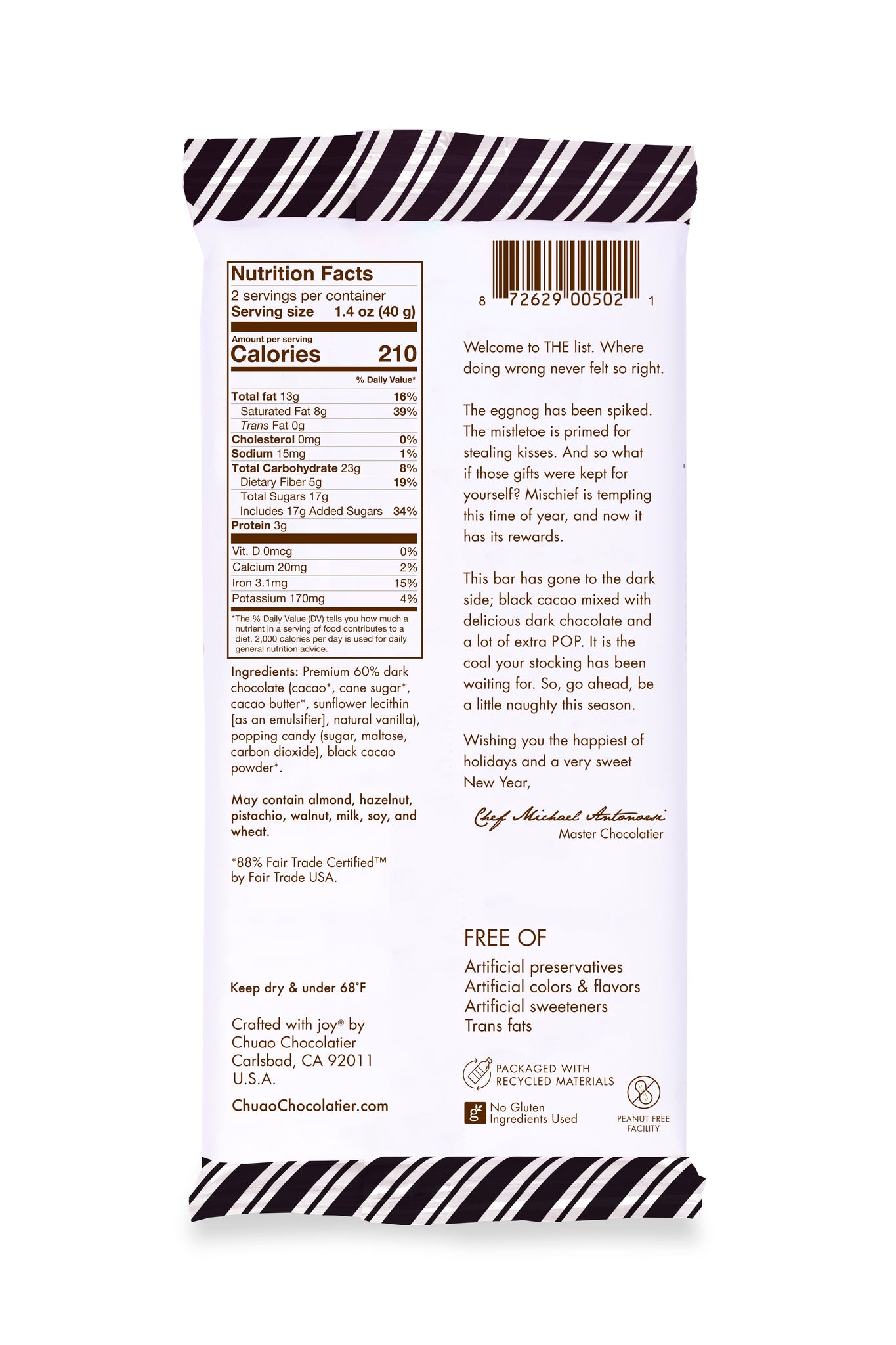 Back of Exploding Coal bar showing nutrition facts