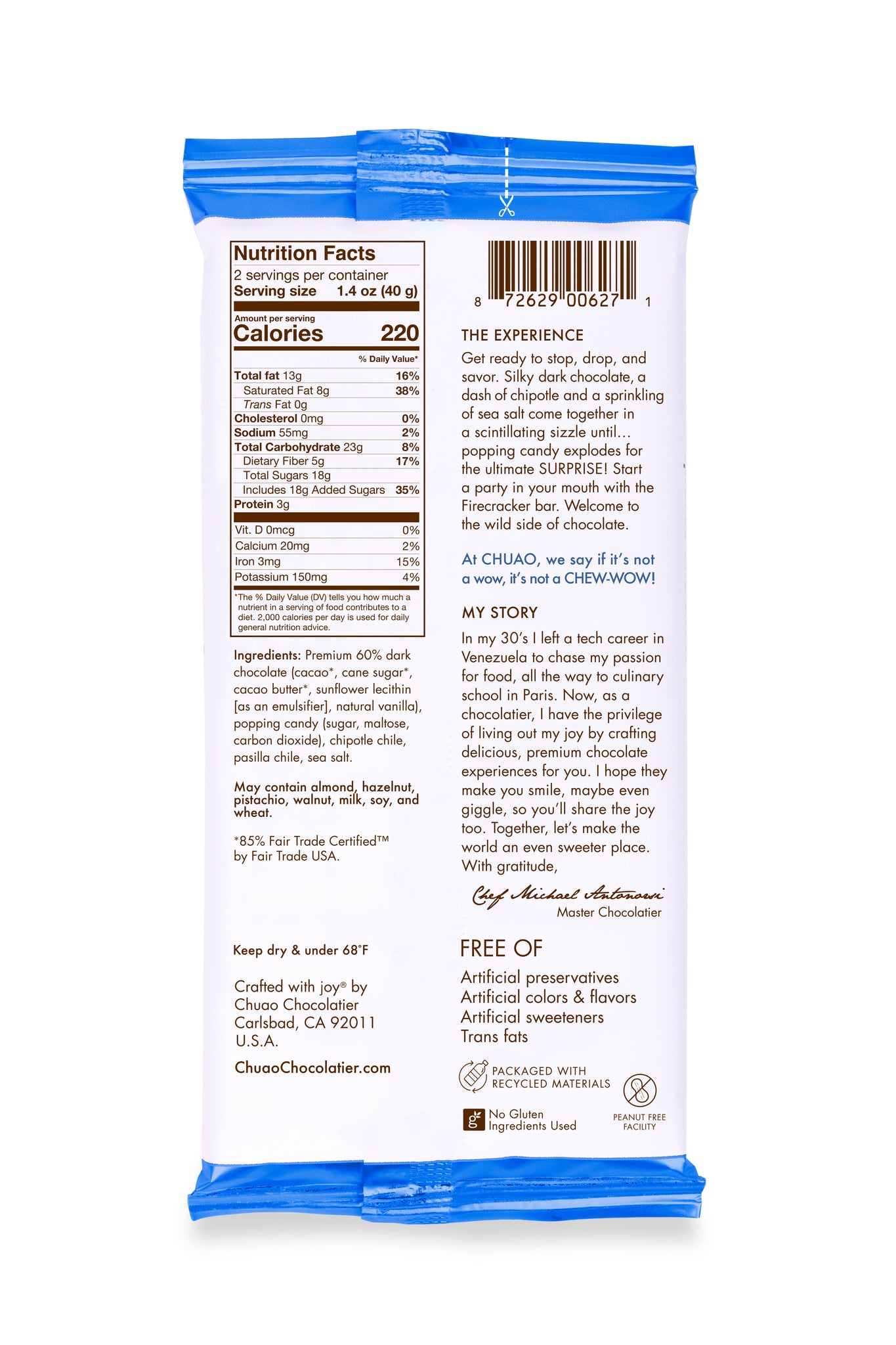 Back of Firecracker bar showing nutrition facts