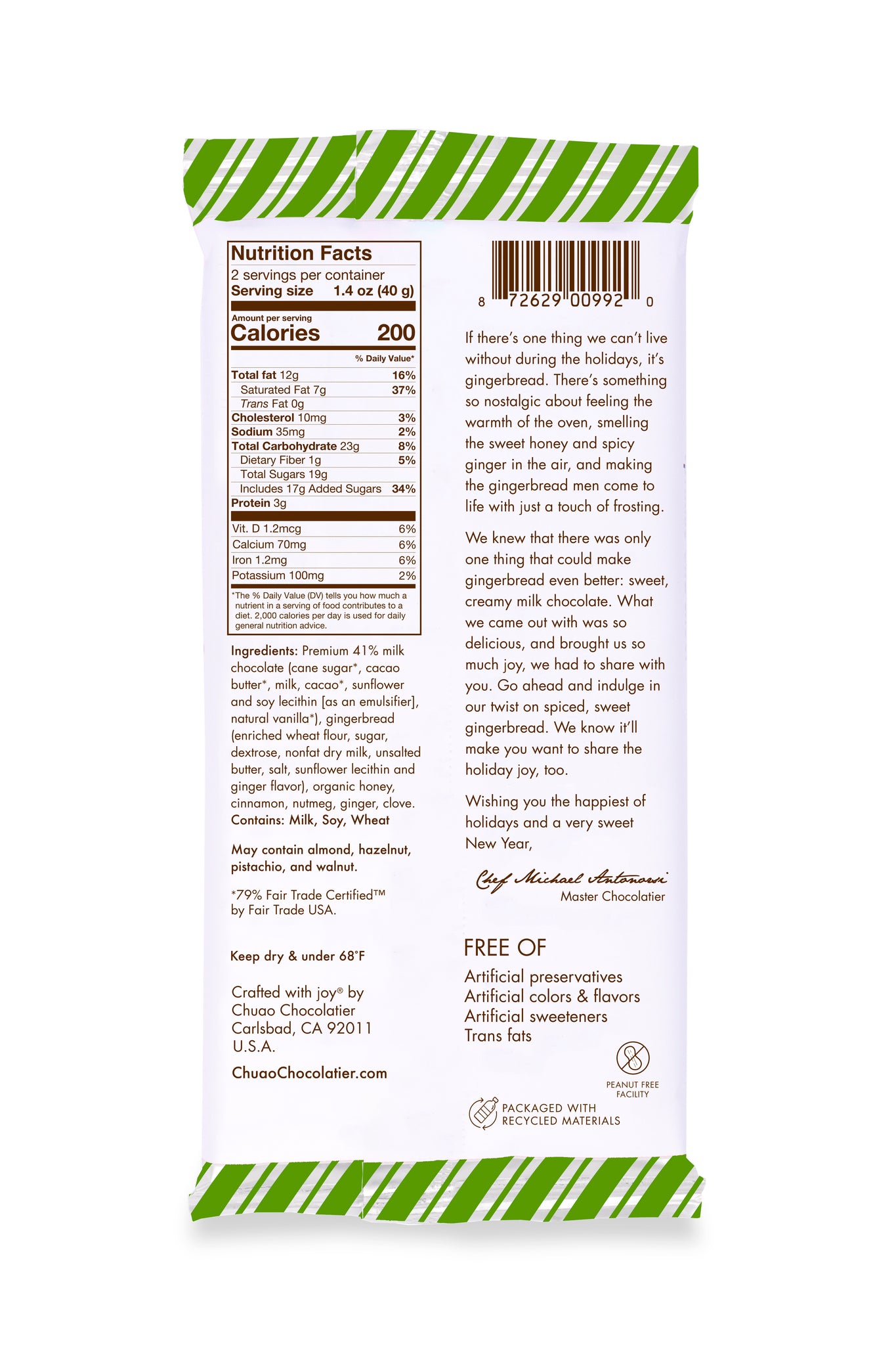 Back of Hope, Joy, and Gingerbread bar showing nutrition facts