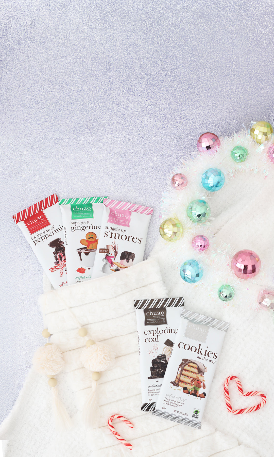 5 holiday bars with stockings and ornaments.