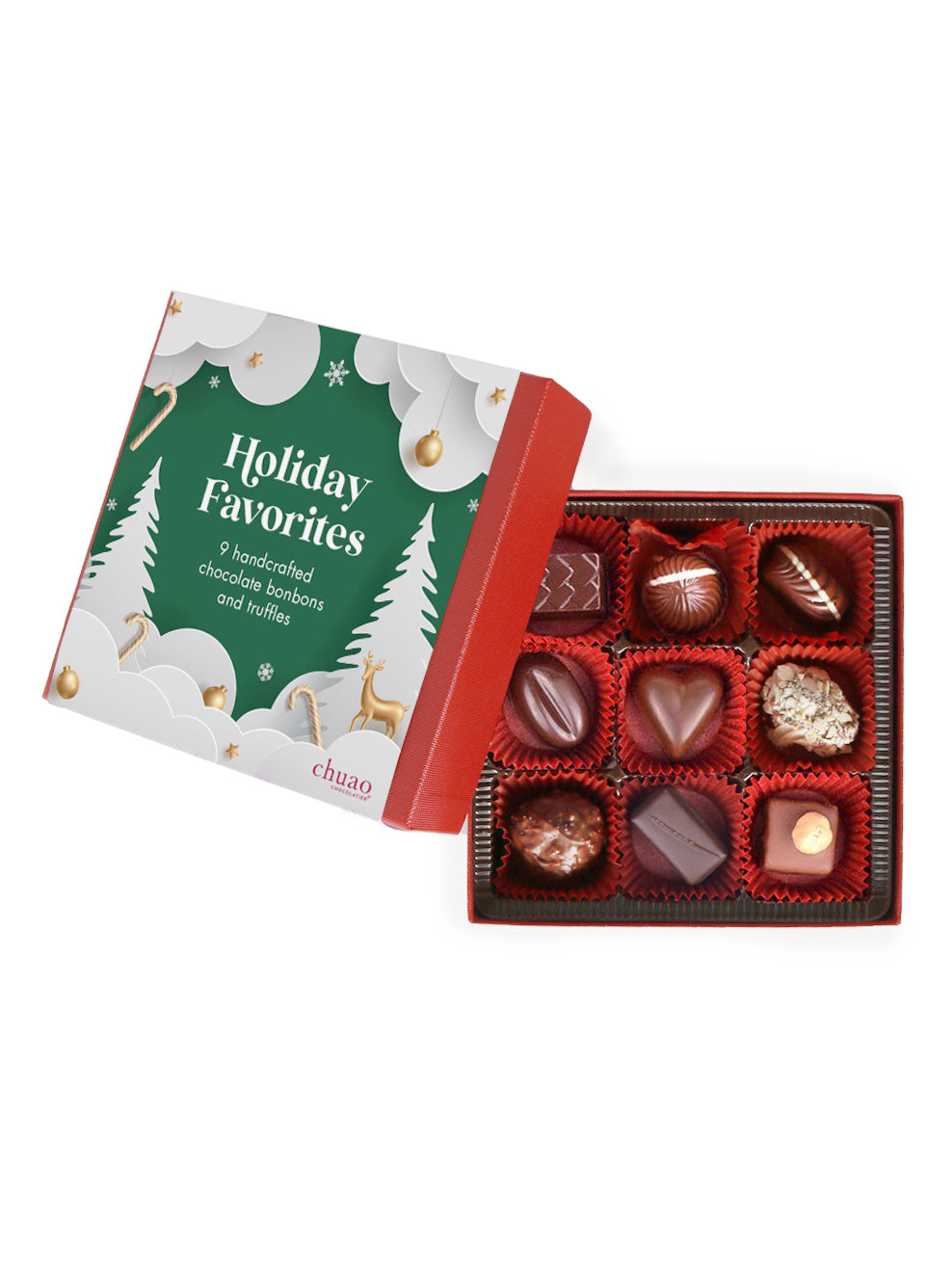 Bonbons in a 9 piece red gift box with a festive green holiday design 