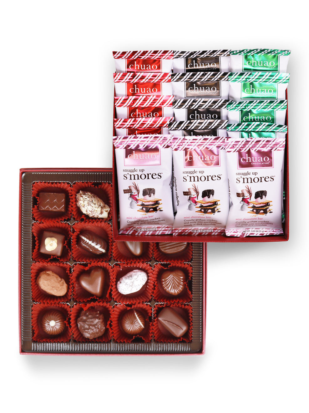 Two open boxes of chocolate showing truffles and bonbons, and an array of holiday chocolate mini bars