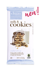 front of milk & cookies bar wrapper showing cookies drizzled with milk chocolate