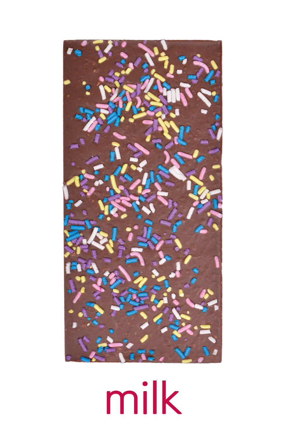 an unwrapped bar of chuao's milk chocolate with rainbow sprinkles.
