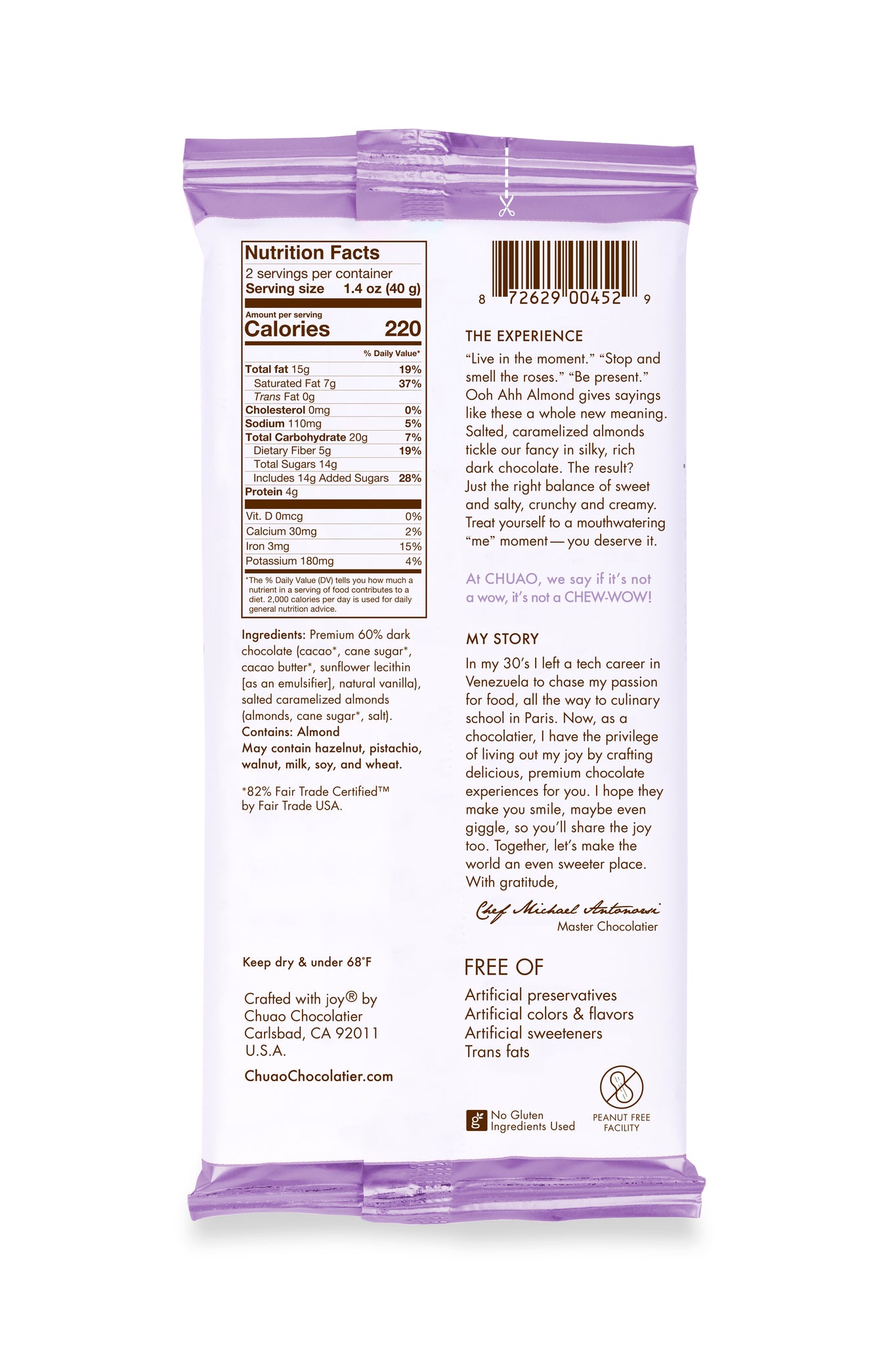 Back of Ooh Ahh Almond bar showing nutrition facts