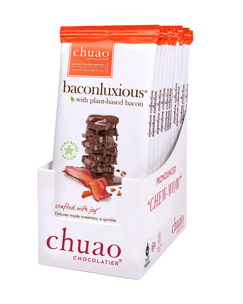 Pack of 12 baconluxious with plant based bacon bars in white display ready box