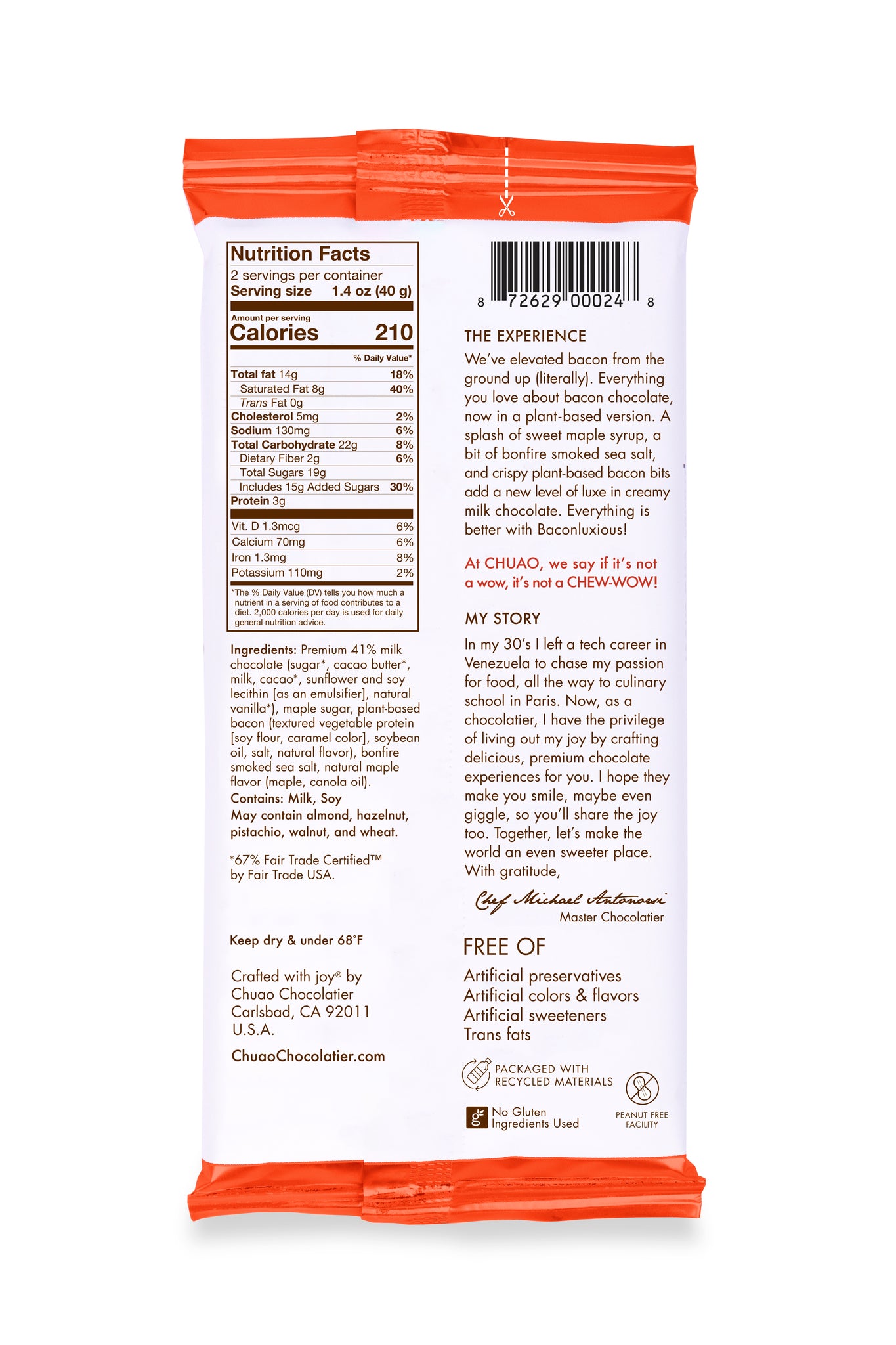 Back of Plant-based Baconluxious bar showing nutrition facts