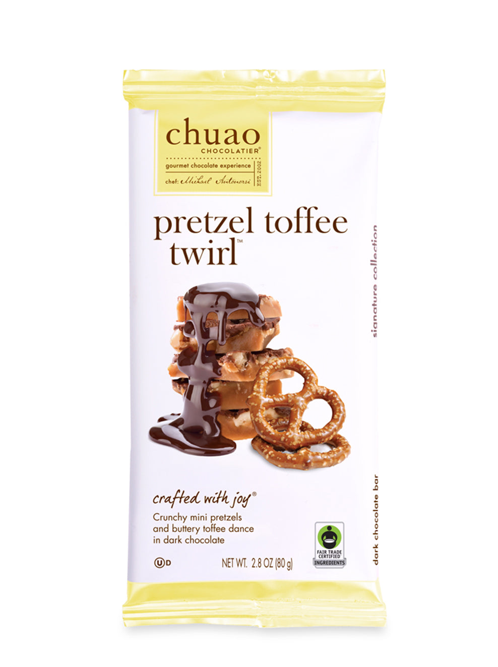 front of pretzel toffee twirl chocolate bar