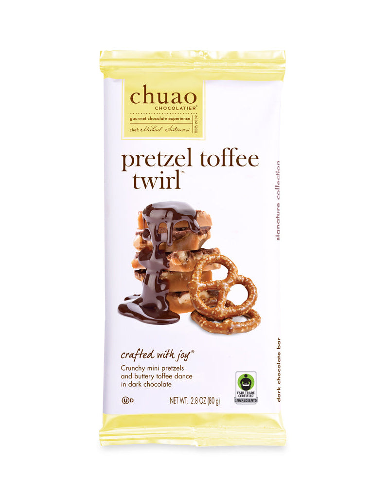 Front of Pretzel Toffee Twist chocolate bar