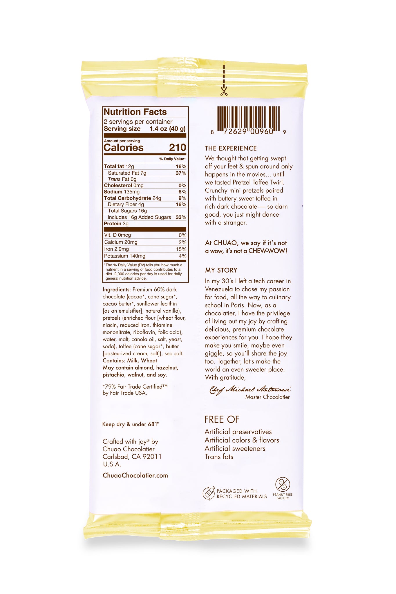 Back of Pretzel Toffee Twirl bar showing nutrition facts