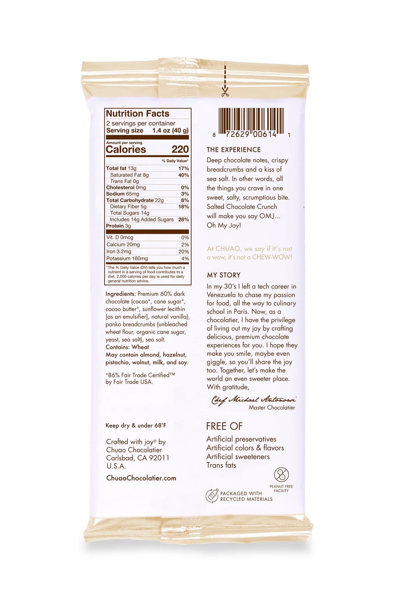 Back of Salted Chocolate Crunch bar showing nutrition facts