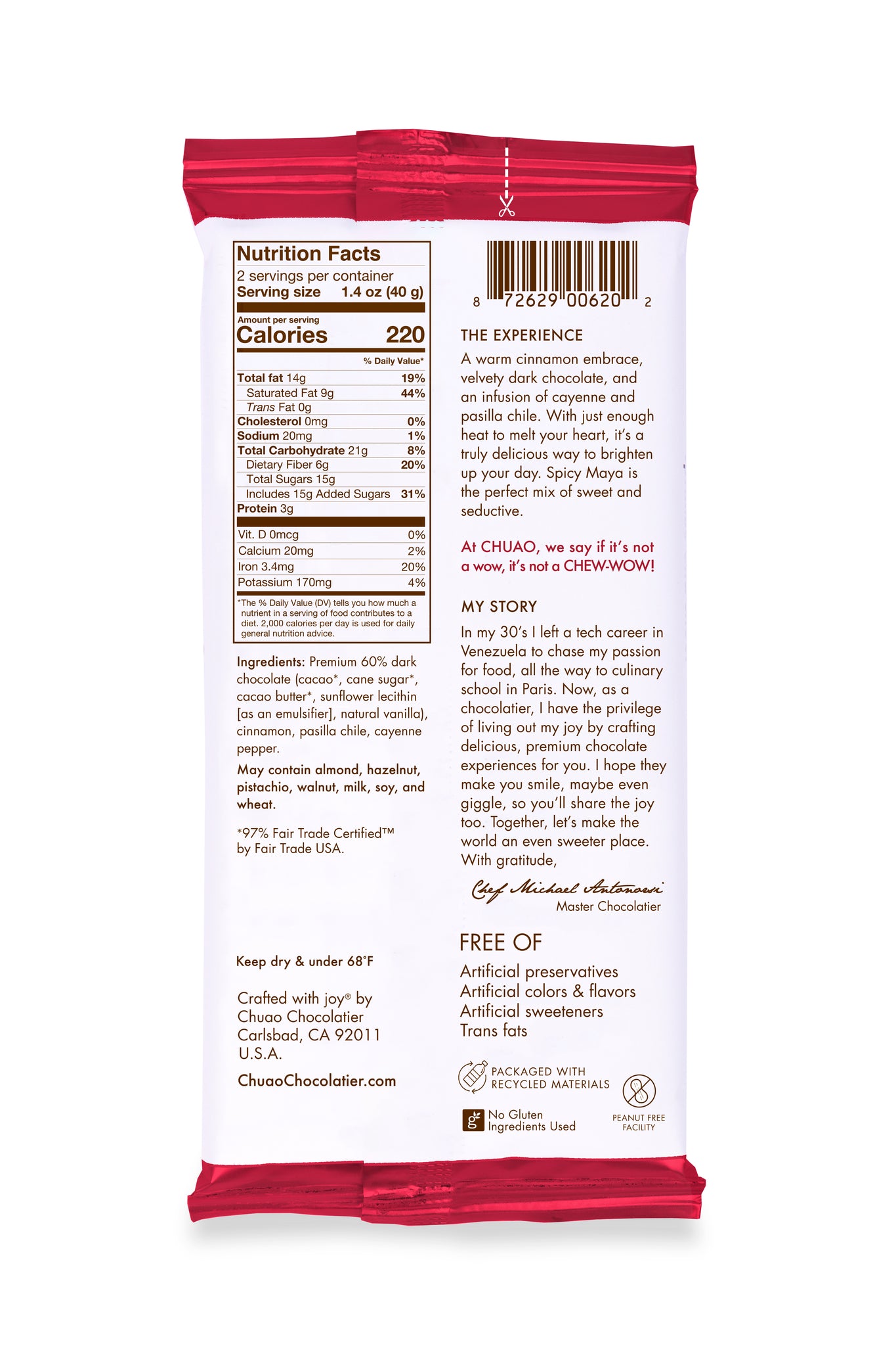 Back of Spicy Maya bar showing nutrition facts