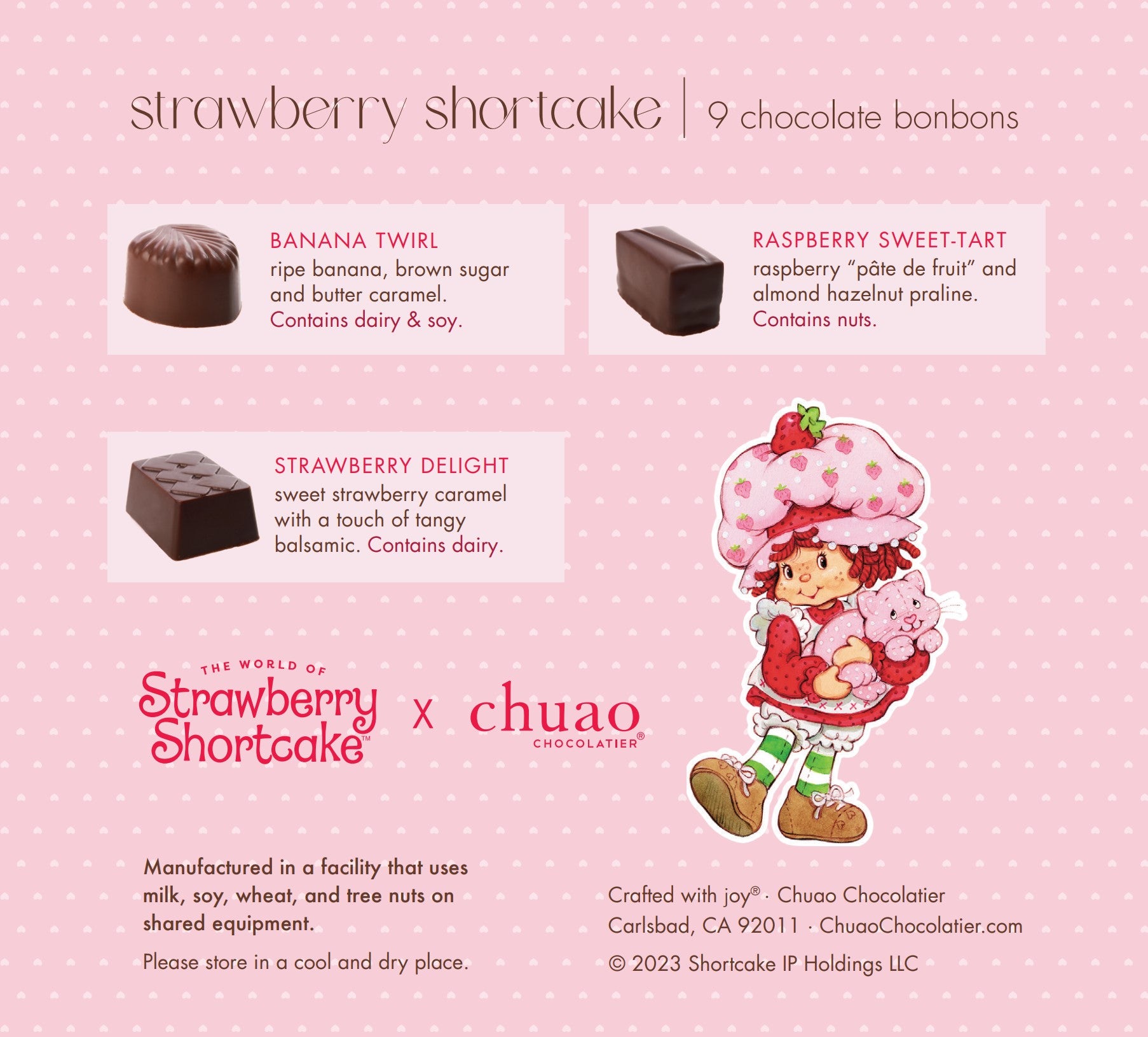 detailed images and descriptions of each chuao bonbon chocolate featuring strawberry shortcake and a pink background