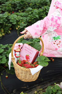 A woman holding a basket containing chuao and strawberry shortcake chocolate bonbons, strawberries, and a doll in a strawberry field