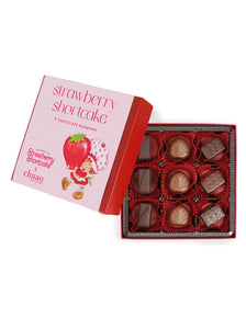 A box of 9 bonbon chocolates with a strawberry shortcake themed-label