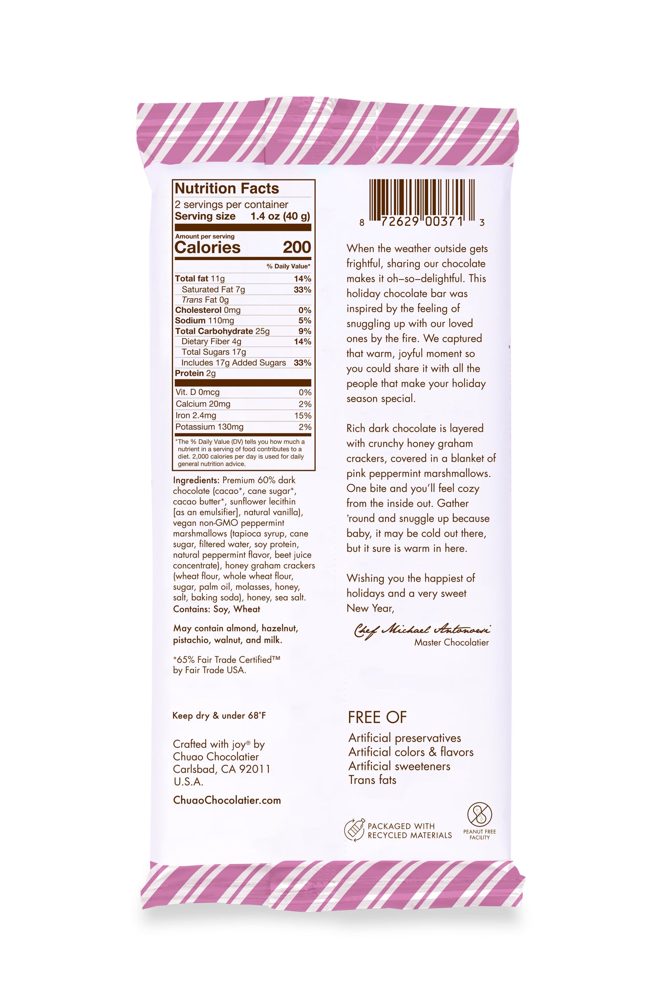 Back of Peppermint S'Mores bar showing nutrition facts