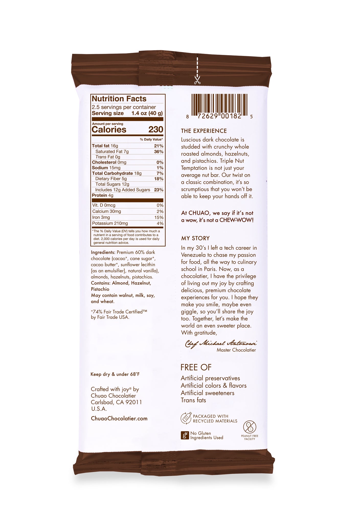 Back of Triple Nut Temptation bar showing nutrition facts