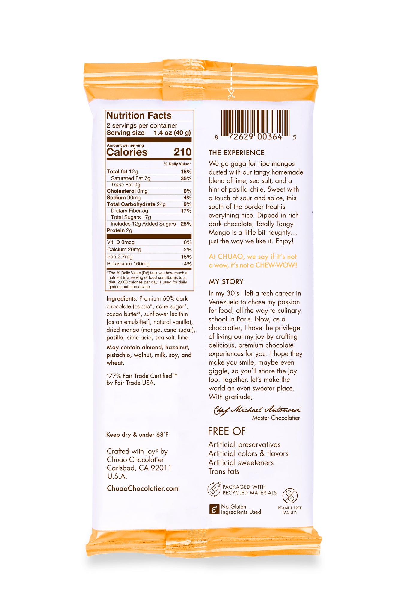 Back of Totally Tangy Mango bar showing nutrition facts