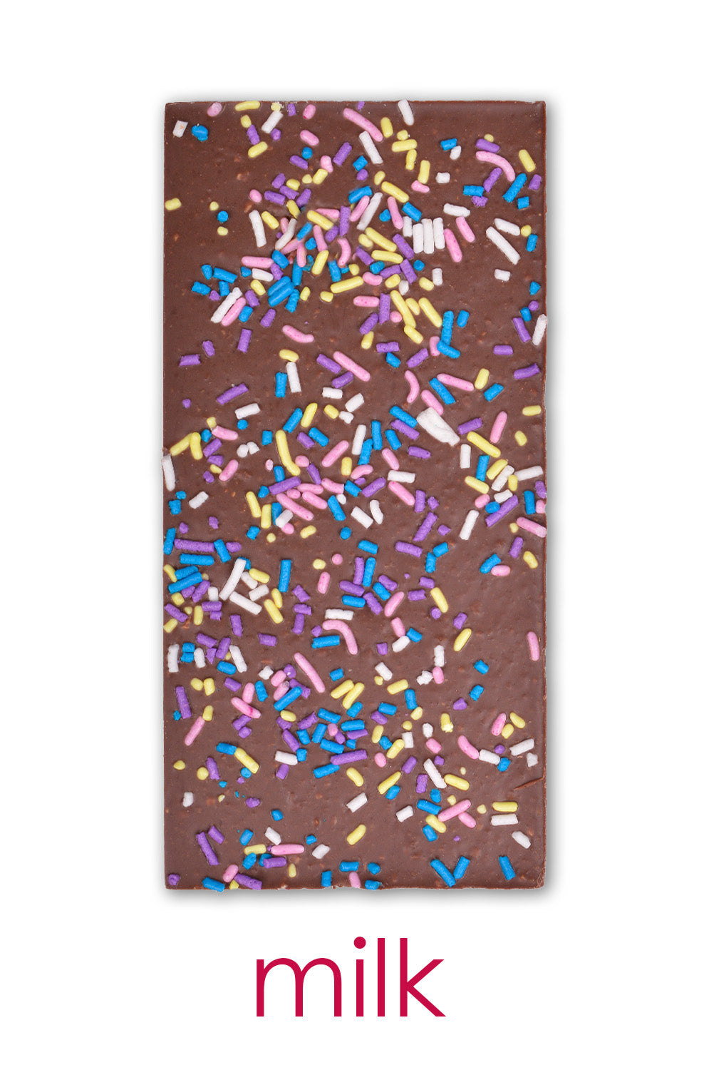 an unwrapped bar of chuao's milk chocolate with rainbow sprinkles.