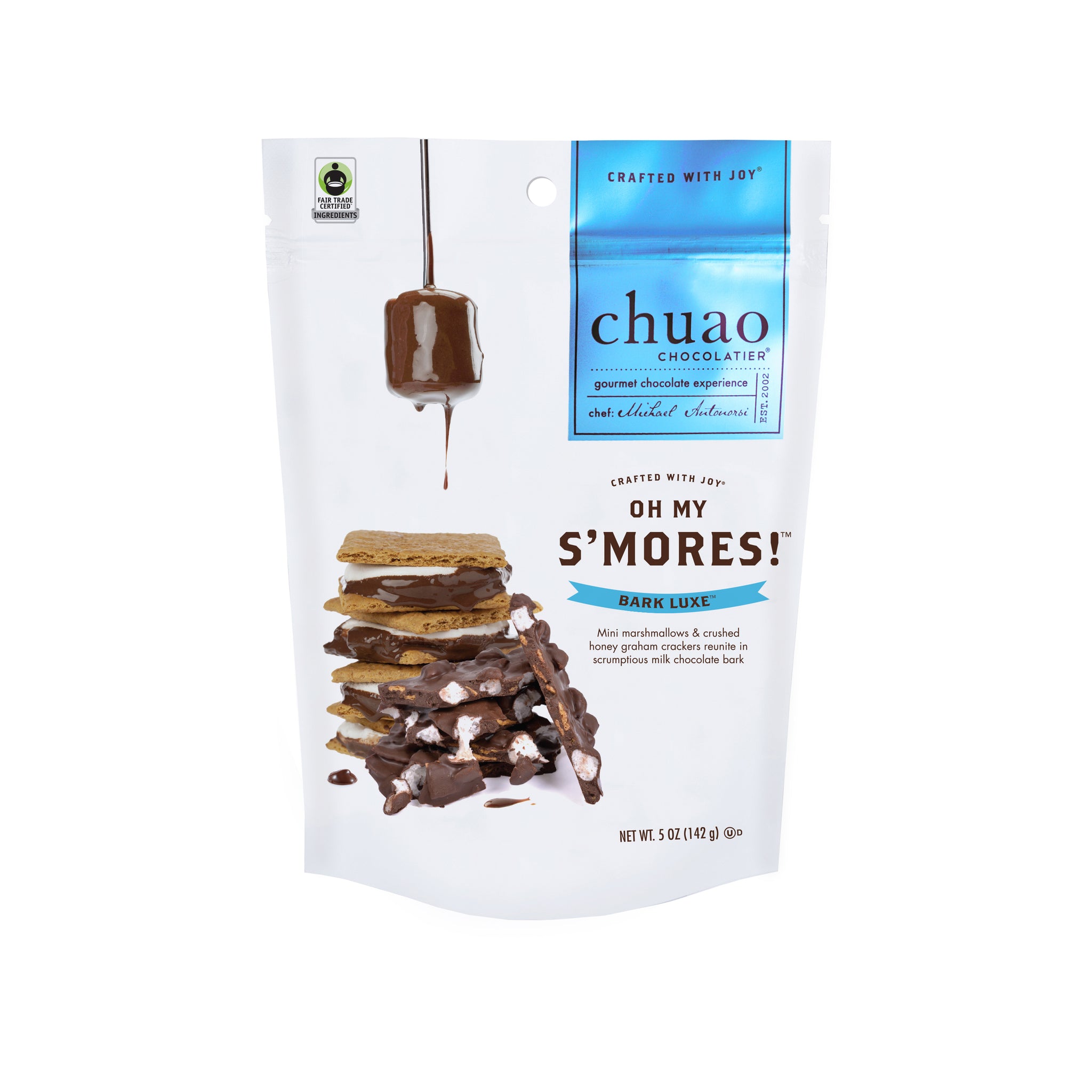 5 ounce pack of chuao's s'mores bark with a blue label and white background