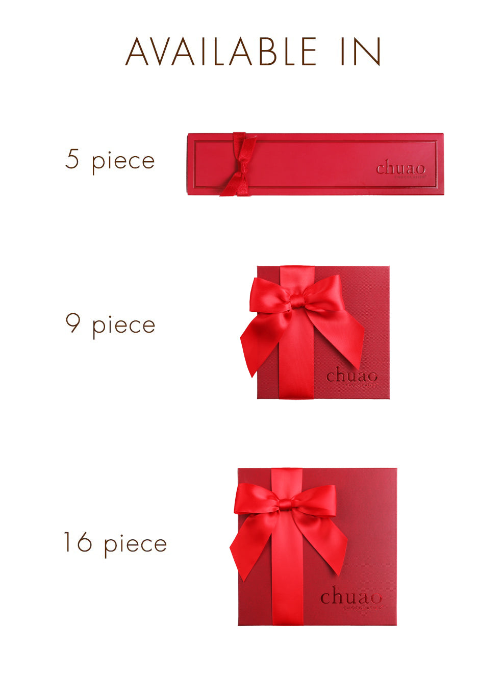 5 piece bonbon box, 9 piece bonbon gift box, 16 piece bonbon gift box with ribbon