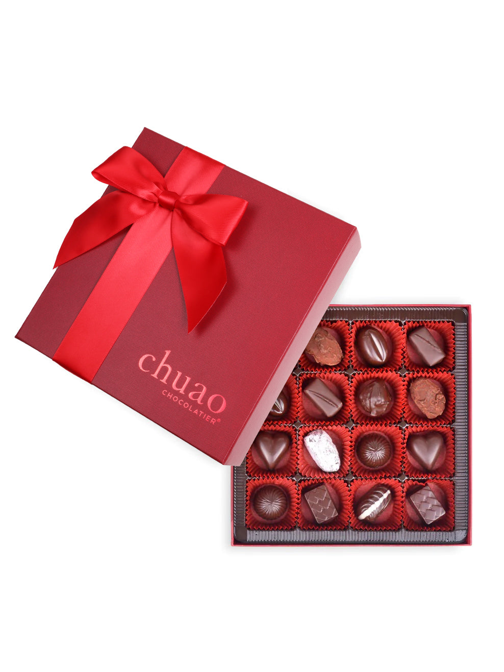 16 pieces of chocolate bonbons and truffles in a red gift box