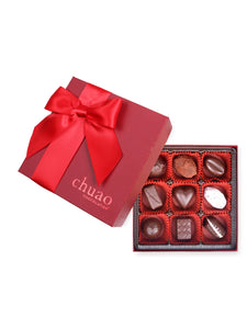 9 pieces of chocolate bonbons and truffles in a red gift box