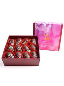 12 love child bonbons in a red box in front of the packaging and description