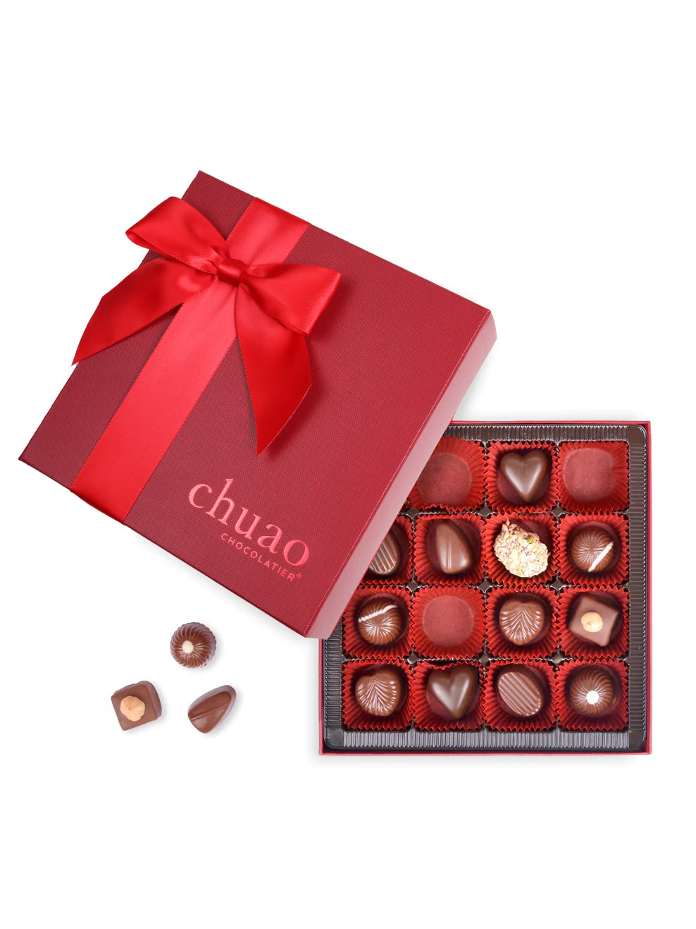 16 pieces of milk chocolate bonbons and truffles in a red gift box