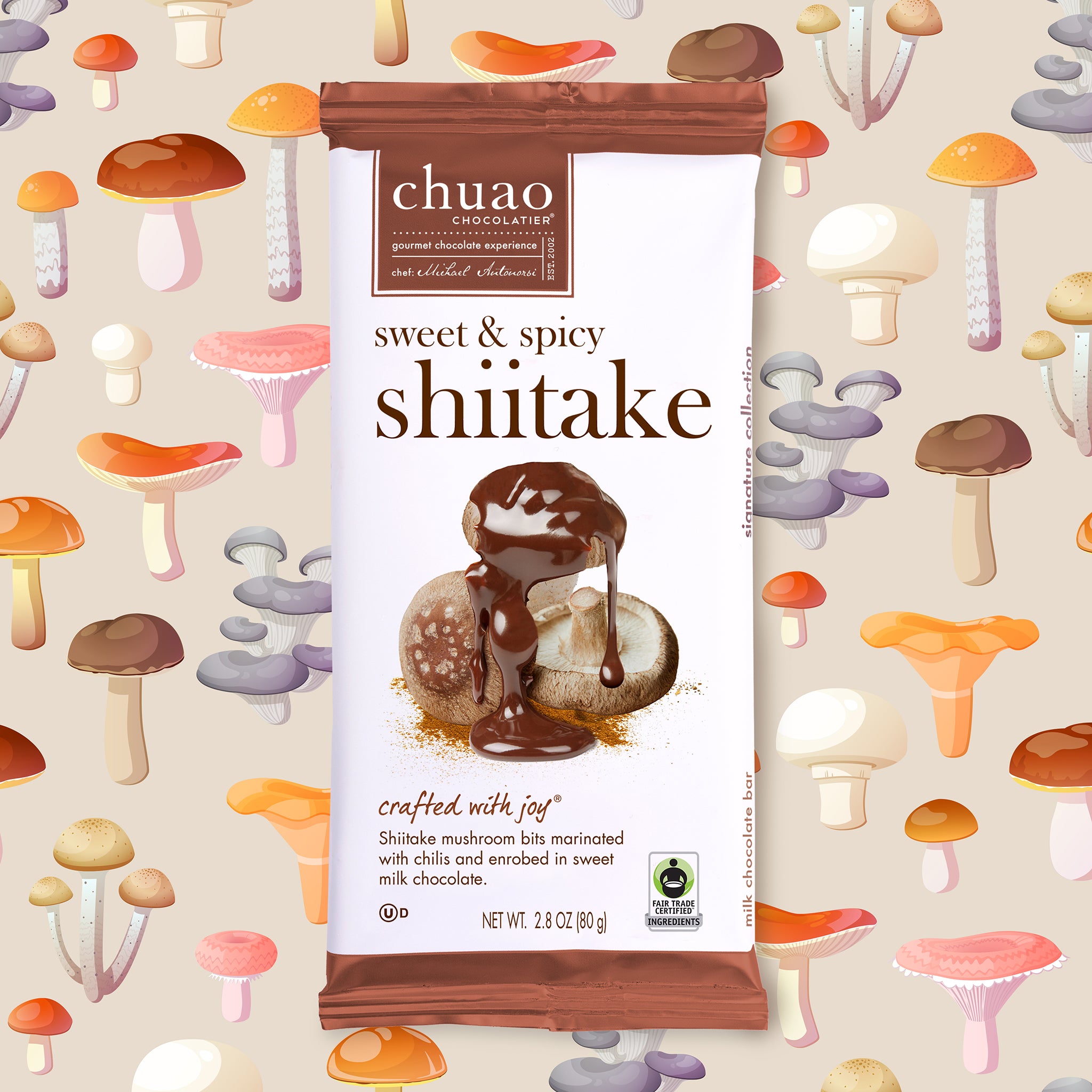 a package of chocolate showing shiitake mushrooms covered in melting chocolate and spices 