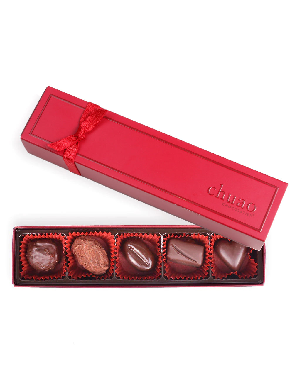 5 pieces of chocolate bonbons and truffles in a red gift box