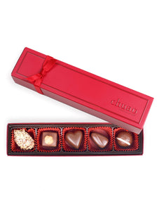 5 pieces of milk chocolate bonbons and truffles in a red gift box